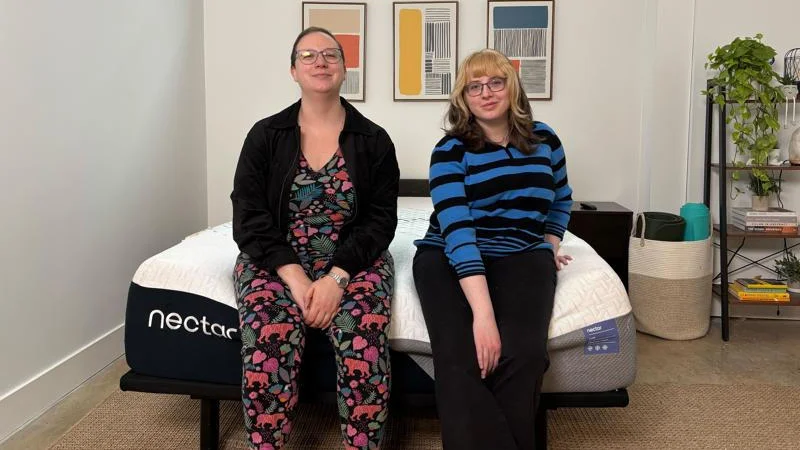 Mel and Livvi pose for photos with the Nectar Luxe Memory Foam Mattress