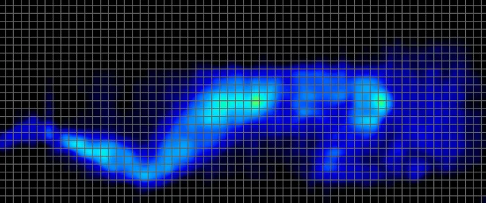 A pressure map from a lightweight side-sleeper on the Nectar Classic mattress. There are slightly elevated zones of pressure around the shoulders and hips.