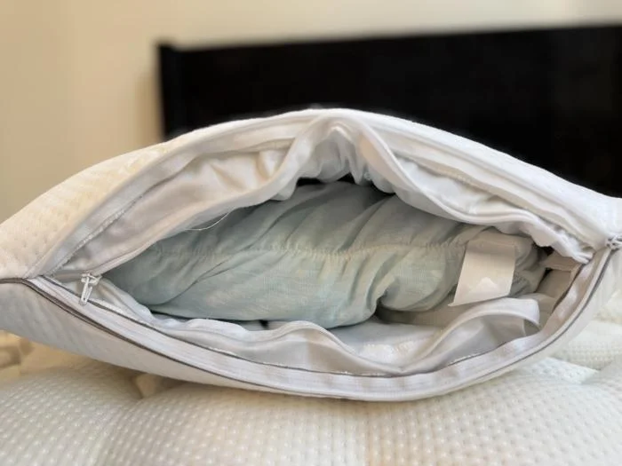 A close look inside the inner cover of the Saatva Graphite Memory Foam Pillow