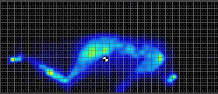 Pressure map of a lightweight tester side sleeping on the Extra Firm side of the Plank Firm Luxe