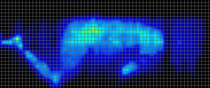 A pressure map for a heavyweight side-sleeper on the Nectar Classic mattress. It shows slight pressure buildup around the hips.