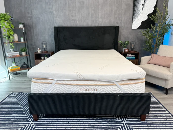 the Saatva Graphite Memory Foam topper on a Saatva mattress