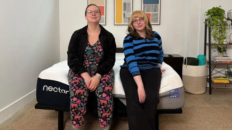 Mel and Livvi pose for photos with the Nectar Luxe Memory Foam Mattress