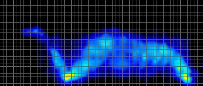 A side-sleeping pressure map from an average-weight sleeper on the Nectar Classic mattress. There is elevated pressure signified by yellow coloration around the elbow and knee.