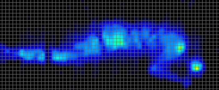 A pressure map from a lightweight side sleeper on the Brooklyn Bedding Signature Hybrid mattress. The hips and shoulders show slightly elevated pressure.