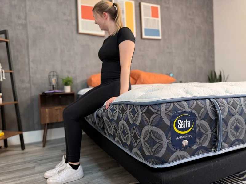 Testing seated edge support on the Serta Perfect Sleeper Cascade Range Medium mattress