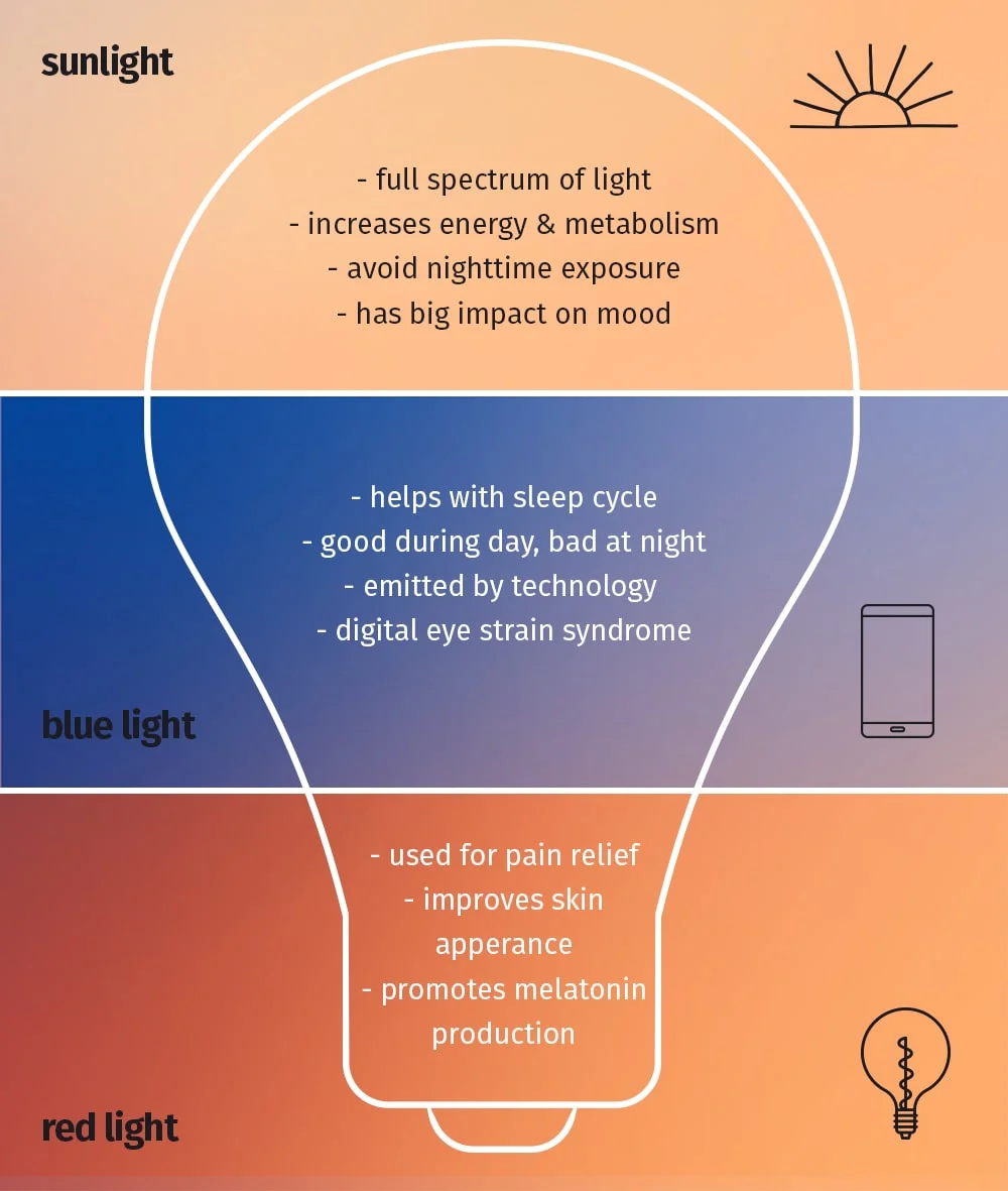 infographic comparing sunlight, blue light, and red light