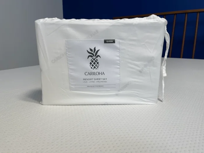 Cariloha Resort Bamboo Bed Sheets in the packaging