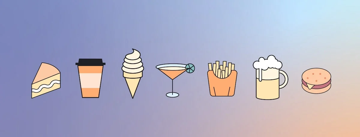 Icons of food and drinks to avoid before bed