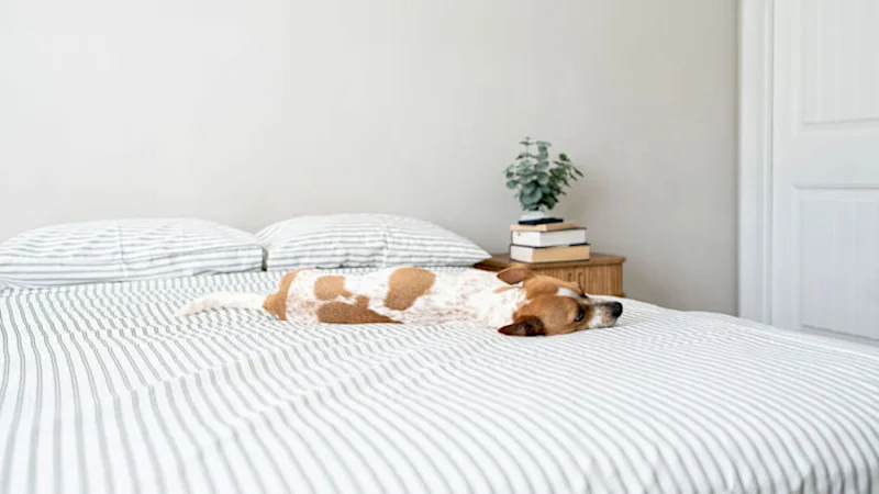 Our canine tester lounging on a set of Brooklinen Luxe Sateen Core Sheets