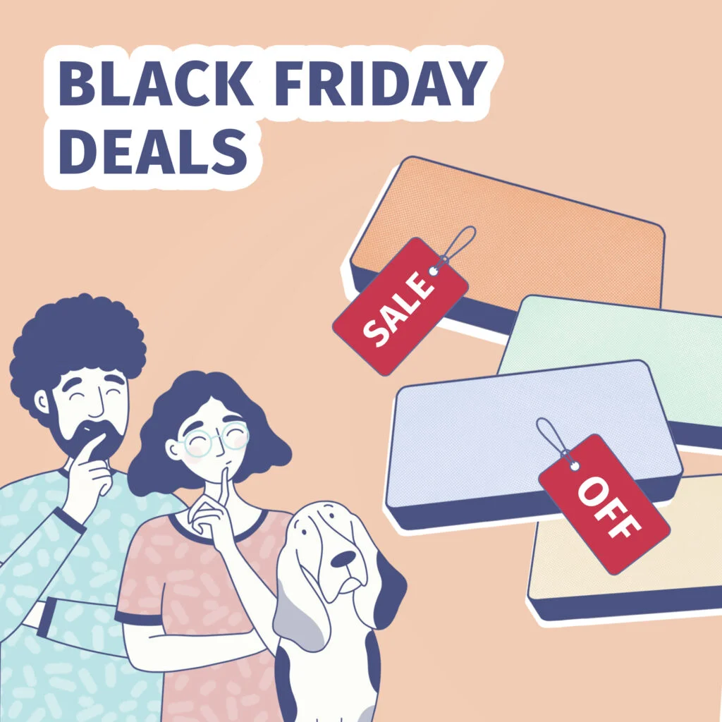 happy couple and dog looking at mattress deals