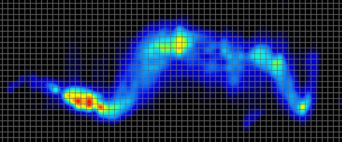 A pressure map from an average-weight side sleeper on the Brooklyn Bedding Signature Hybrid. The map shows elevated pressure around the hips and calves.