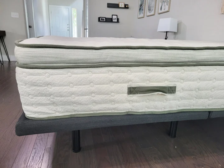 A side shot of the Avocado Green mattress's construction