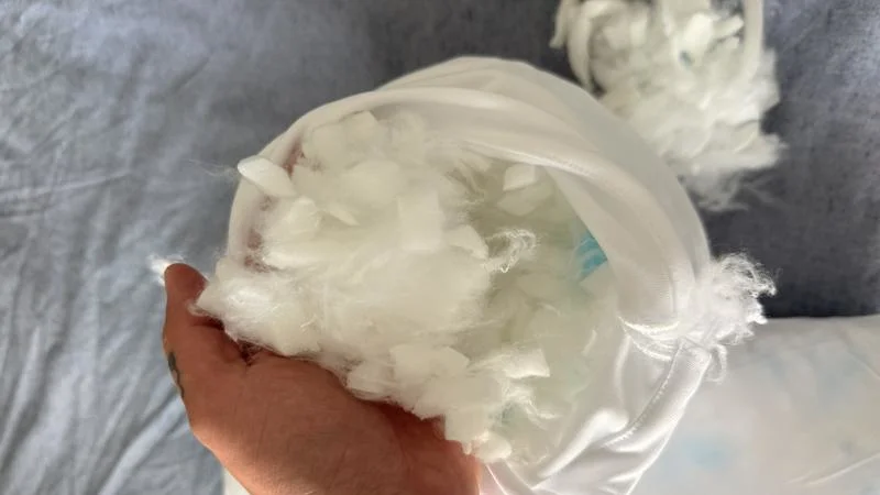 A close look at the filling for a Brooklyn Bedding Premium Shredded Foam Pillow