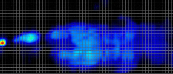 A pressure map from an average-weight back sleeper on the Nectar Classic mattress. There is a spot of red (elevated pressure) at the heel, which is normal.