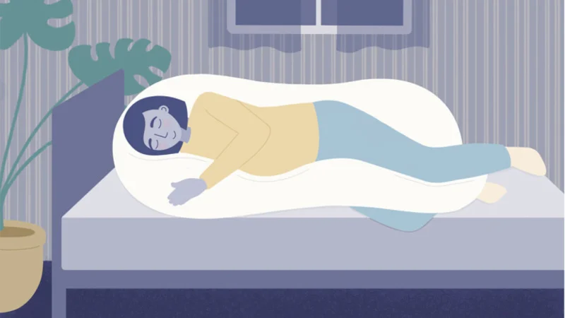 Illustration of a woman sleeping with a body pillow