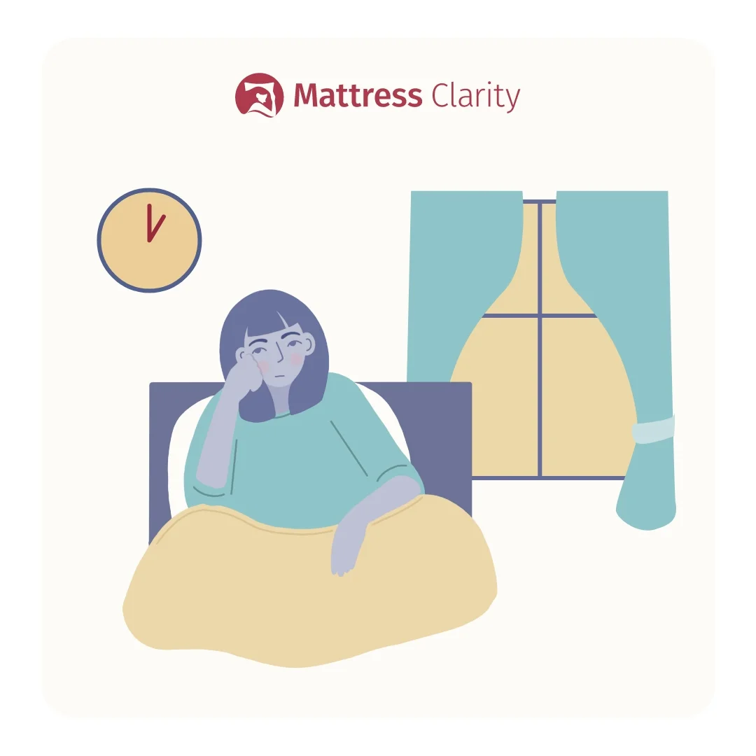 woman struggling to sleep with clock on wall and sunlight outside