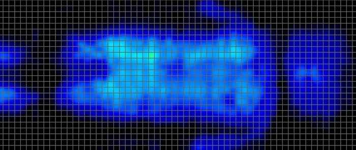 A back-sleeping pressure map from a heavyweight sleeper on the Nectar Classic mattress. It is largely blue-green with no areas of elevated pressure.