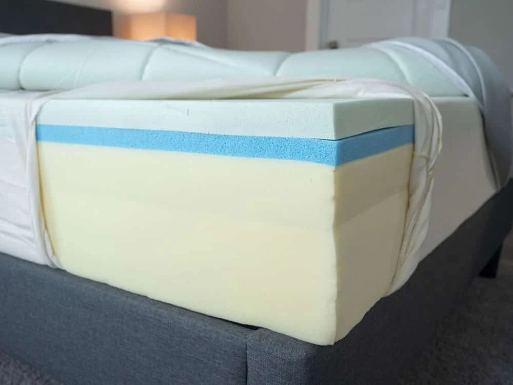 A mattress is cut open to show its components. A mattress is cut open to show its components.