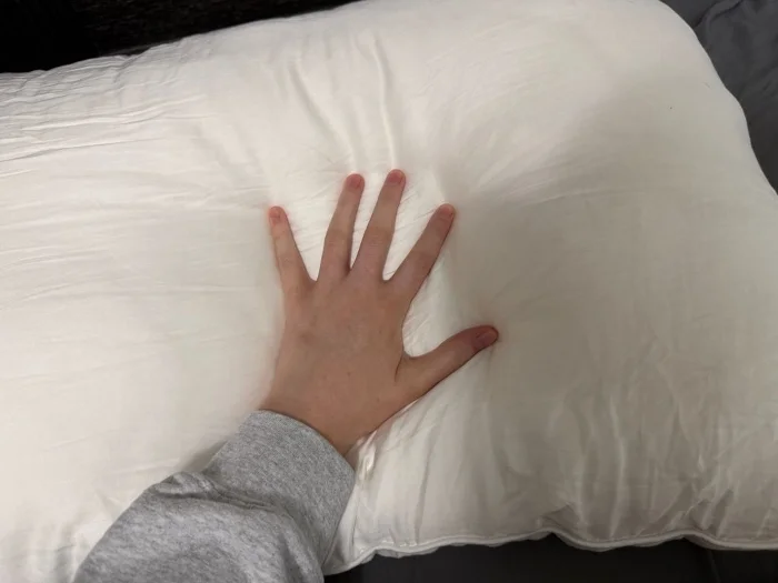 A hands feels the floof of a Cozy Earth Silk Pillow