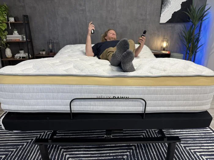 Front view of our product tester on the Helix Adjustable Base