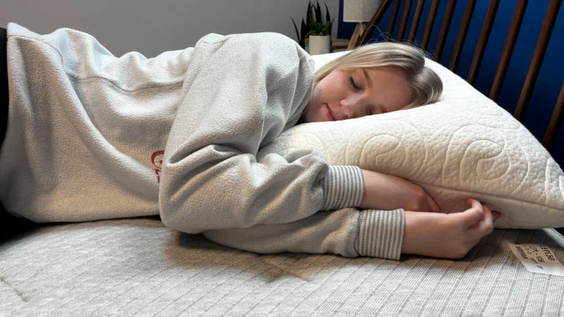 Our tester side sleeping on the Lagoon The Fox Pillow