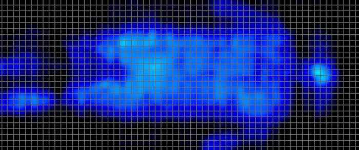 A pressure map from a heavy back sleeper on the Brooklyn Bedding Signature Hybrid mattress. It's largely blue-green with no areas of heightened pressure.