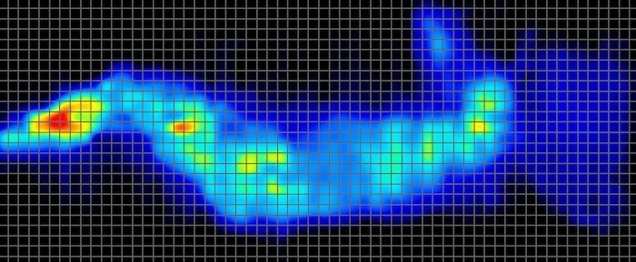 A pressure map from an average-weight side sleeper on the Helix Midnight. There is some light pressure buildup around the hips and shoulders but nothing too notable.